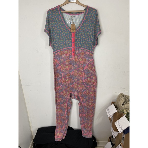 Natural Life Womens Jumpsuit Small Thermal Floral Patchwork Henley Pajama - Picture 1 of 9